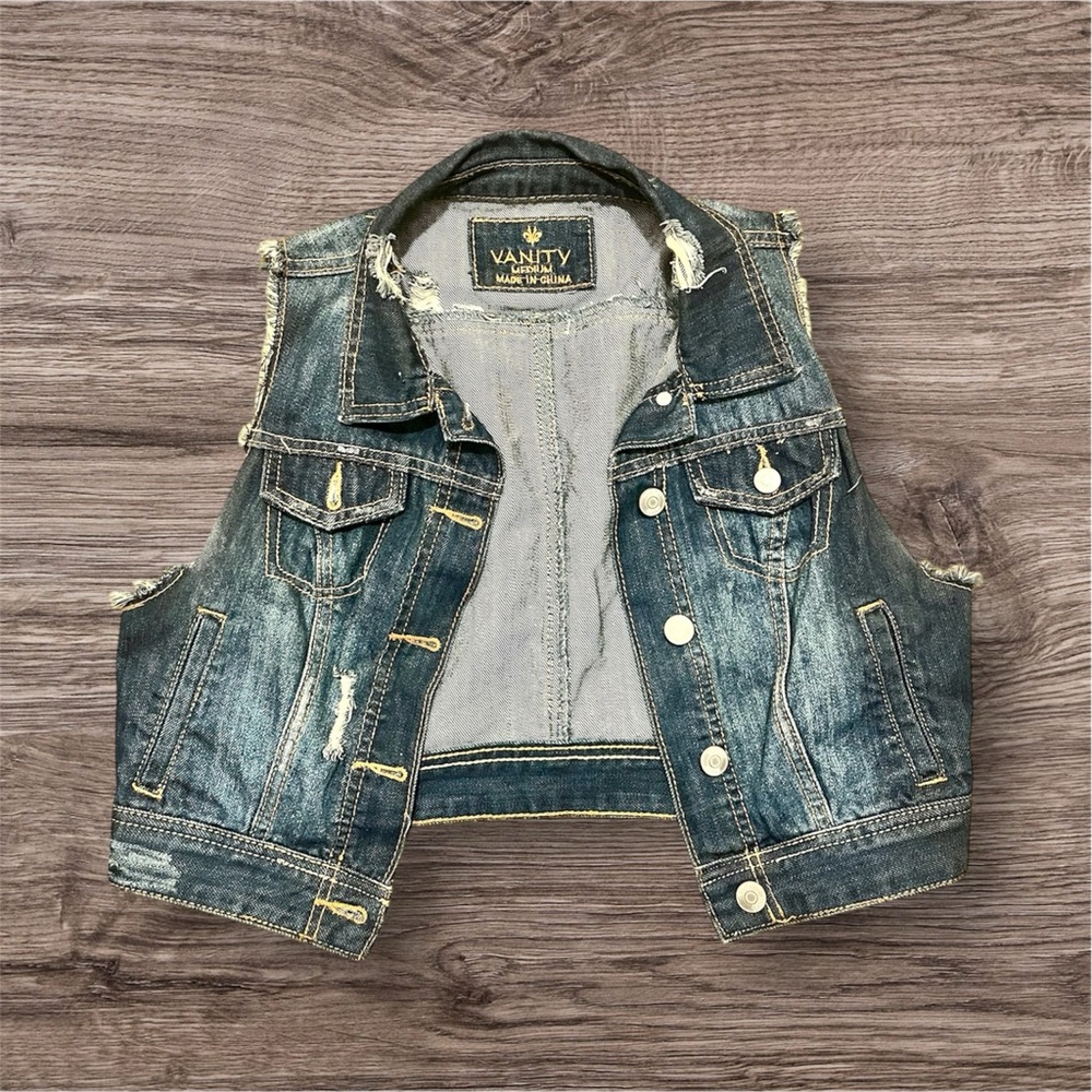 Vanity Blue Jean Jacket with Distressed Look and Cropped Style